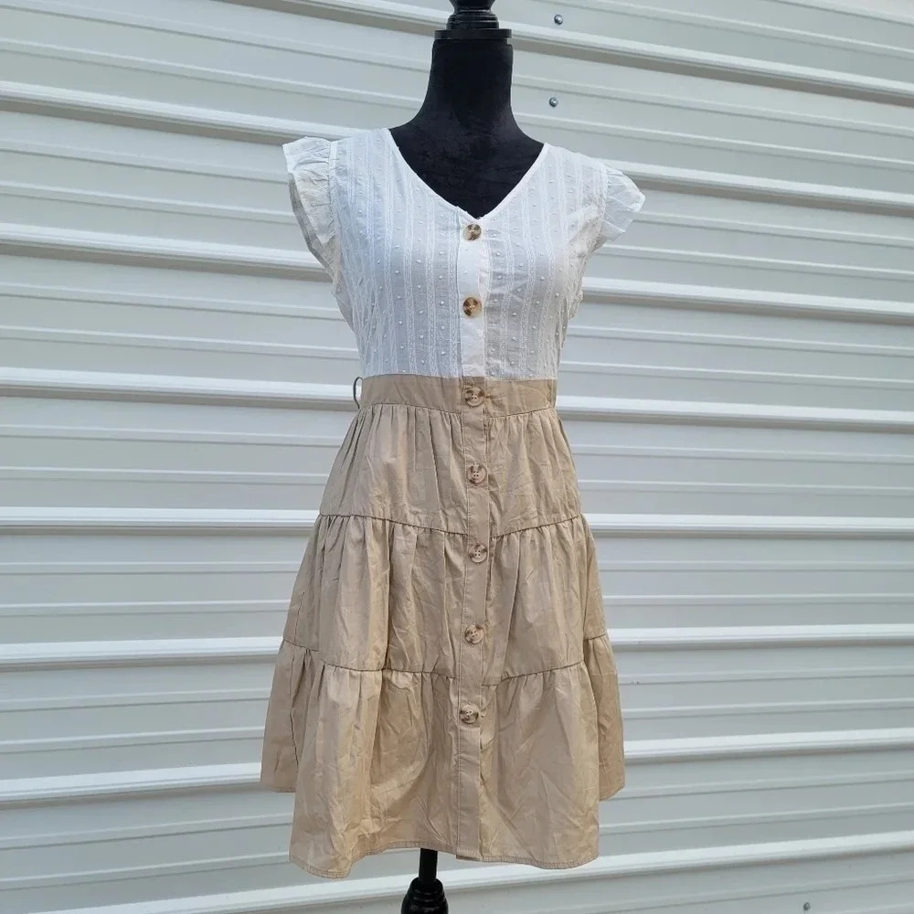 Mine Flutter Sleeve Button Down White Tan A-Lind … - image 5